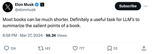 Musk tweet complaining about the length of books.
