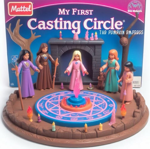 A fake toy box for My First Casting Circle with toy witches placed around a plastic casting circle
