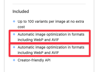 List of Cloudflare Images included services, with "Automatic image optimization in formats including WebP and AVIF" listed twice