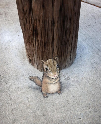 Streetart. A cute chipmunk with a 3D effect was painted with chalk on a gray concrete sidewalk with a brown wooden block. The wooden block has been integrated into the picture. The head of the beige chipmunk, which is standing on the ground, is on the wood, the body on the sidewalk.
Title: "Janine comes and goes, but she has eyes on everything."