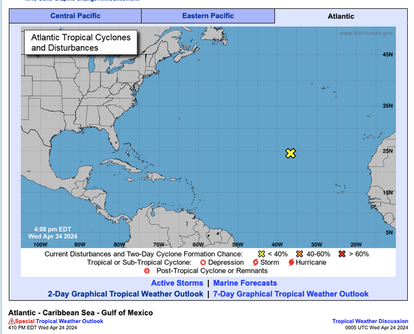 national weather service website screenshot showing a tropical Atlantic map indicating 10% chance of a tropical cyclone in the central tropical atlantic, April 24, 2024