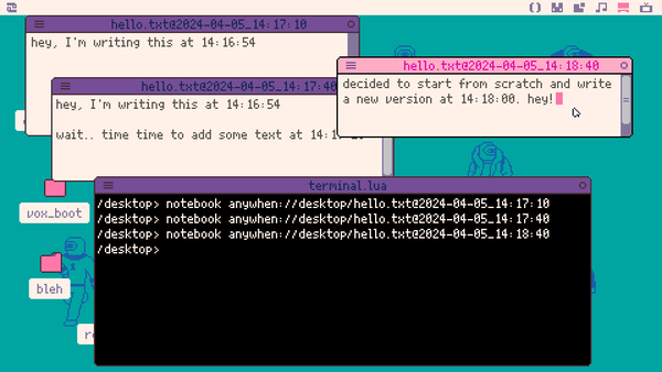 picotron desktop showing the same file (hello.txt) as it was stored on disk at 3 different points in time