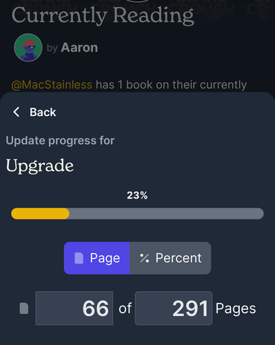 Screen shot from the hardcover app showing I’m on page 66 and 23% done.