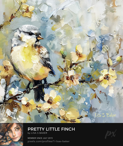 A vibrant bird with shades of yellow, white, and black is perched on a branch amid blooming flowers. The background is a textured blend of blues and whites, suggesting a sunny sky. 
