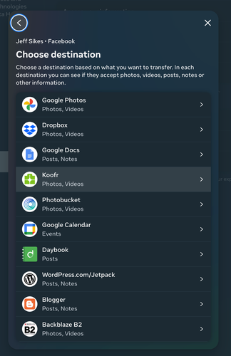 A list of locations you can directly transfer your Facebook content to, including various photo and document storage drives, Blogger and Wordpress.