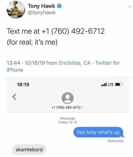 Classic meme. 

A fake Tony Hawk account posts a phone number asking followers to text him. 

Someone texts “hey Tony what’s up?”

Fake Tony replies “skamtebord”
