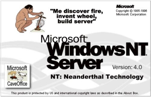 Logo Windows NT mais NT veut dire : Neanderthal Technology. Avec un homme qui fait du feu.