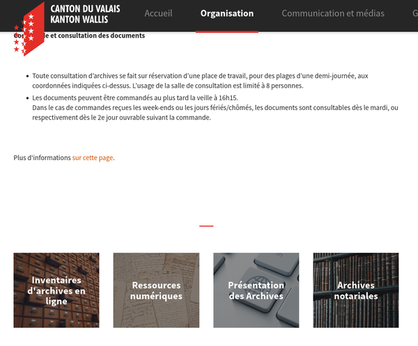 Page d'acceuil du site internet des Archives de l'État du Valais