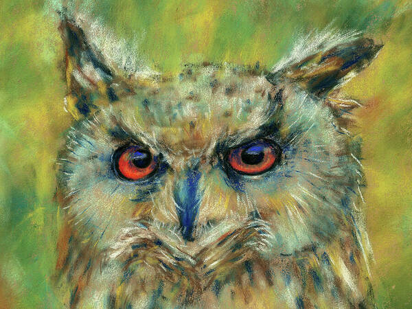 This is the cropped version in landscape format of my Eagle owl portrait painting.
Eagle Owl Portrait is a hand painted pastel painting in portrait format painted by the artist Karen Kaspar. The eagle owl - Bubo Bubo - has plumage in various shades of brown. The bright orange eyes look alertly into the distance. Its feathery ears stick up and off to the side. The background of the pastel painting is abstracted and reminiscent of the foliage of trees in a forest. 
In this cropped version the focus is on the eyes in bright orange.