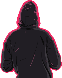 Mensch mit schwarzem Hoodie (mit rosa Umrandung) und hochgezogener Kapuze von hinten, blickt auf schwarzen Hintergrund. 