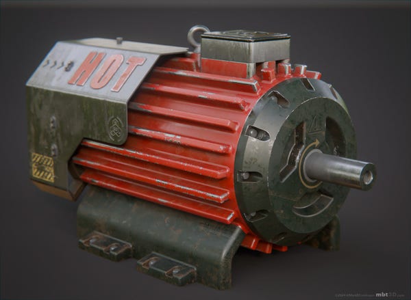 Red electric motor model with hot on the side and some warning stuff.