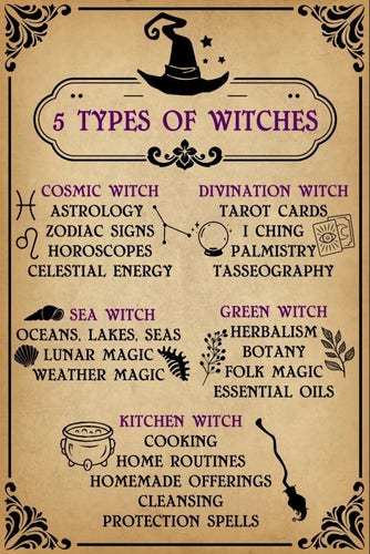 5 Types of Witches

COSMIC WITCH
ASTROLOGY ZODIAC SIGNS
HOROSCOPES
CELESTIAL ENERGY

DIVINATION WITCH
TAROT CARDS
I CHING
PALMISTRY
TASSEOGRAPHY

SEA WITCH
OCEANS, LAKES, SEAS
LUNAR MAGIC 
WEATHER MAGIC

GREEN WITCH
HERBALISM
BOTANY
FOLK MAGIC
ESSENTIAL OILS

KITCHEN WITCH
COOKING
HOME ROUTINES
HOMEMADE OFFERINGS
CLEANSING
PROTECTION SPELLS