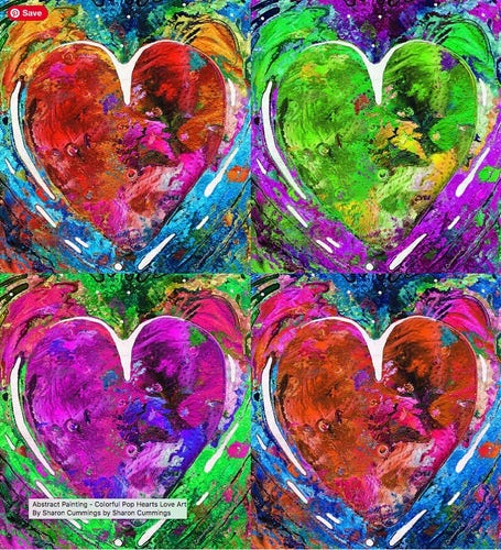 Four colorful hearts painted by artist and poet Sharon Cummings.