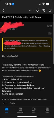 Email from temu asking to collaborate on TikTok 