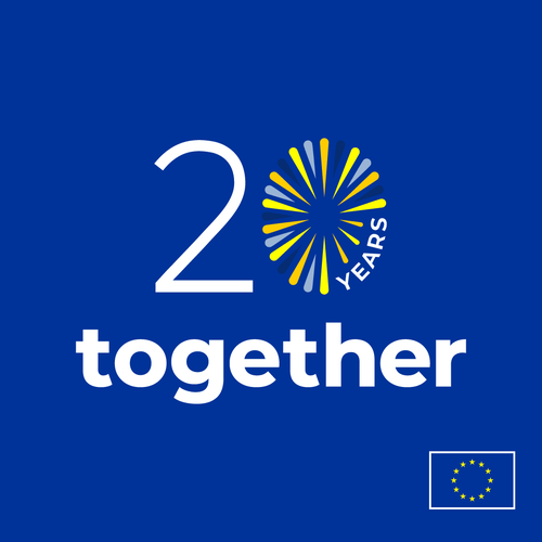 A visual with a blue background. A big text in the middle reads “20 years together”. Many colourful segments compose the "0" of 20. The text “years” is within the 0 as well.   

The EU emblem is on the bottom-right of the image.