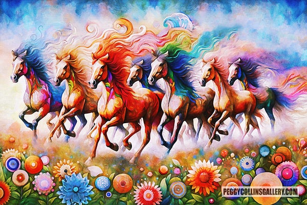 Colorful artwork of a herd of wild horses galloping through a field of whimsical flowers, by artist Peggy Collins.