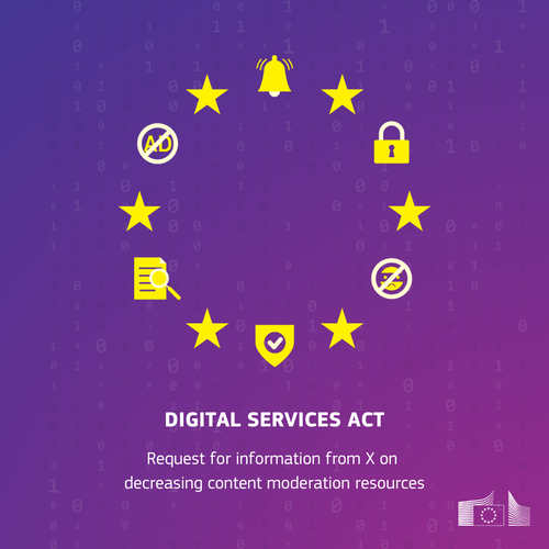 A visual with a table surrounded by the stars of the EU flags, in which some have been replaced with an open lock, a shield, a document with a magnifying glass and a bell. Below is the text “Digital Services Act: Request for information from X on decreasing content moderation resources."