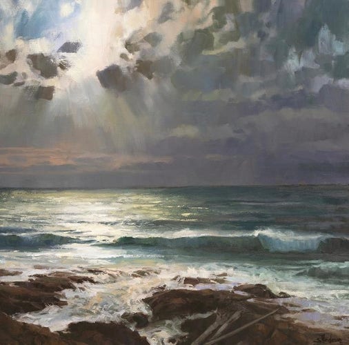 Art print of an original oil painting depicting broken clouds over the sea, with the sun breaking through.