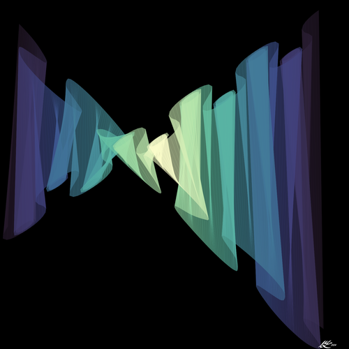 A ruffled ribbon of blues, greens, and purples (bathymetry gradient). They fold and loop and bend, wider at the sides and twisted and narrower in the middle. Black background.