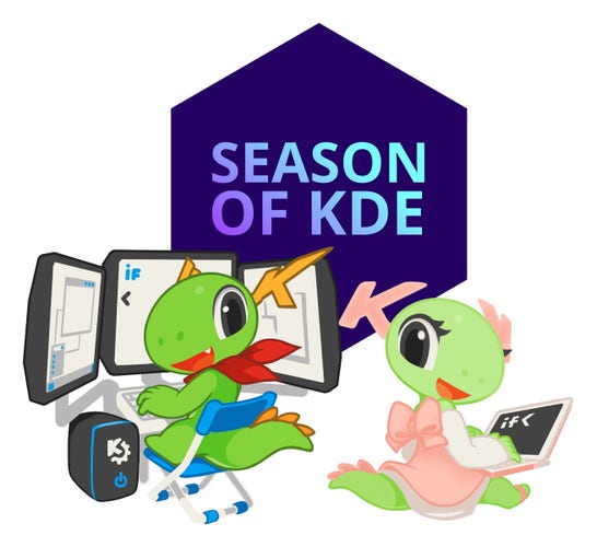 KDE's pet dragons Katie and Konqi work on projects during the 2024 SoK mentorship event.