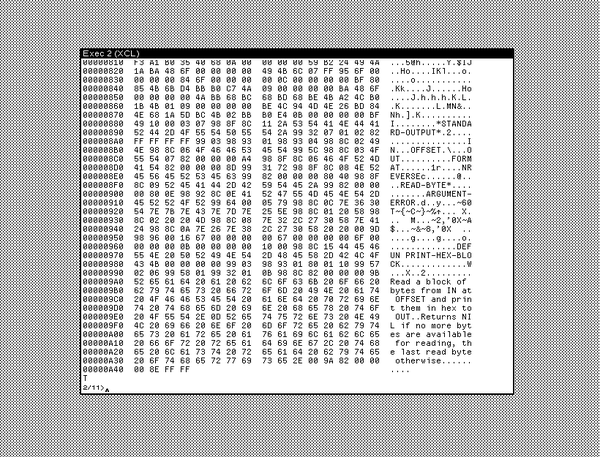 Screenshot of a portion of the black and white desktop of a 1980s graphical workstation environment. The desktop has a gray background pattern and a window with a white background and a title bar with white text on a black background. The window, which takes up most of the area, shows the output of a program that dumps the contents of files in hexadecimal and ASCII.