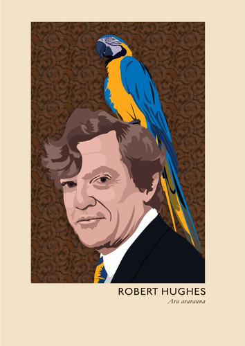 Illustration of Robert Hughes with a Blue and Gold Macaw on his head. 