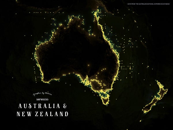 A visualisation of shipwrecks around Australia and New Zealand