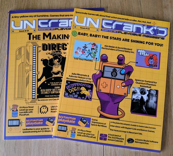 Issue 1 and 2 of Uncrank'd, the unofficial magazine for the Playdate handheld game console by Panic.