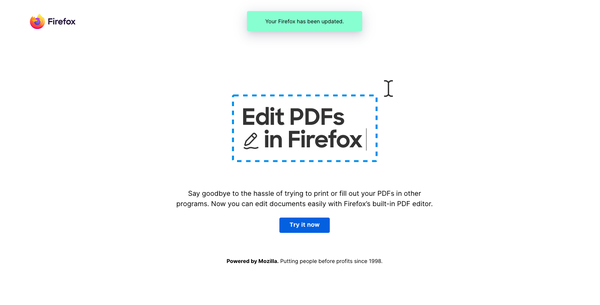 A screenshot which shows Firefox is updated to the latest version and advertises that now you can "Edit PDFs in Firefox".
