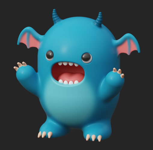3D rendering of a kawaii monster character design in progress.