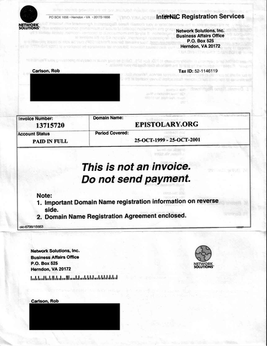 Printed invoice from Network Solutions InterNIC Registration Services