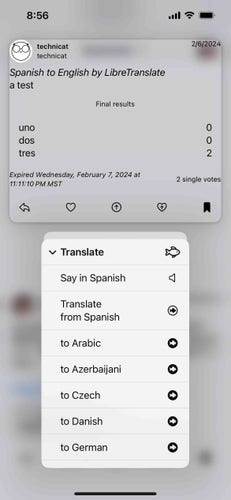 screenshot of a post with Spanish translated to English and a context menu of translation options including Say in Spanish