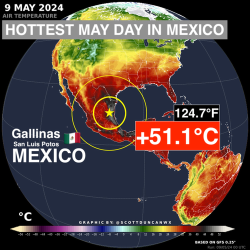 A Scott Duncan graphic of Gallinas on the map of Mexcio and surrounding areas. Gallinas is indicated with the temperature reading of 51.1°C