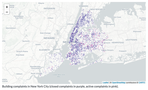A leaflet map of the location of building complaints in NYC. The purple dots are closed complaints, the pink dots are active complaints. The purple dots outnumber the pink ones. 