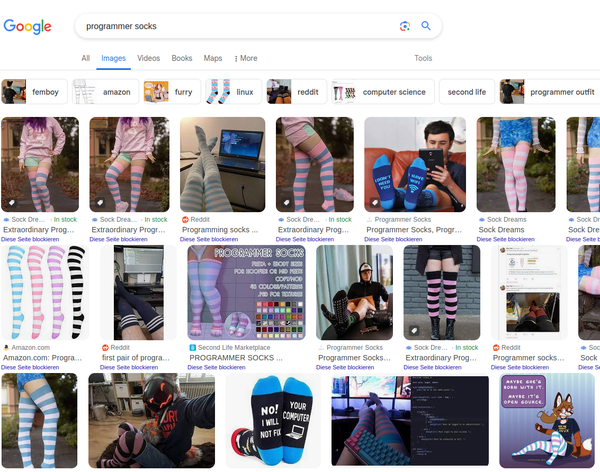 google image results "programmer socks", showing people in long striped socks