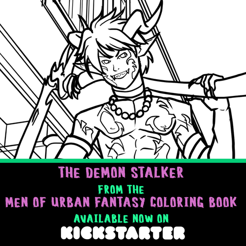 Promo graphic for my urban fantasy coloring book kickstarter showing the Demon Stalker character