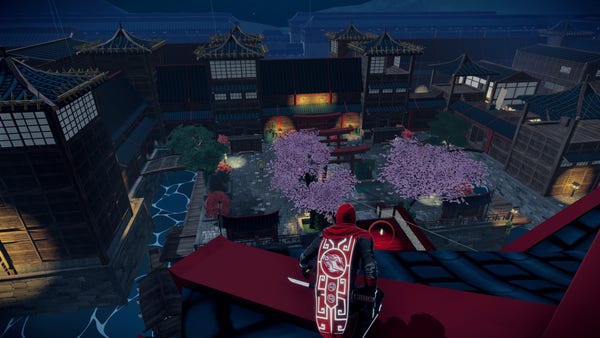 Aragami looking down at a Military base with beautiful Cherry Blossoms.