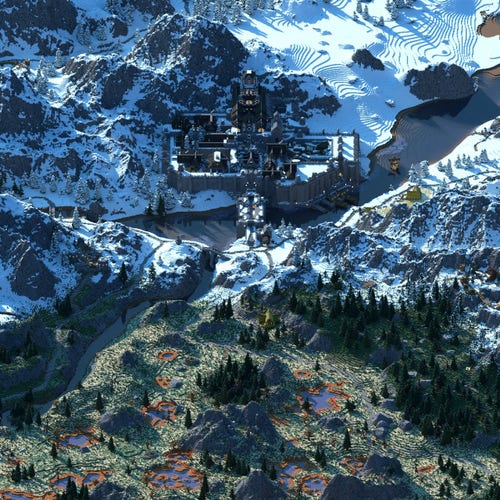 Bird view of a river traversing a snowy landscape, with a hillside walled city and a bridge.
Large scale dimetric voxel render of a Minecraft map of Skyrim.