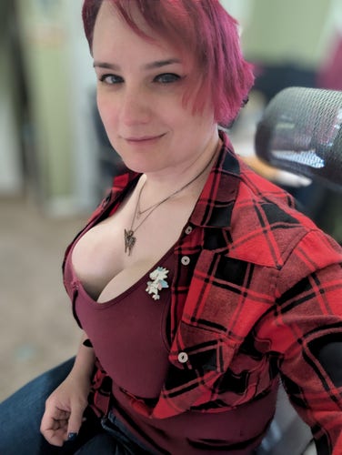 The poster, wearing a red plaid flannel shirt tied beneath her bust. There's a lot of cleavage. 