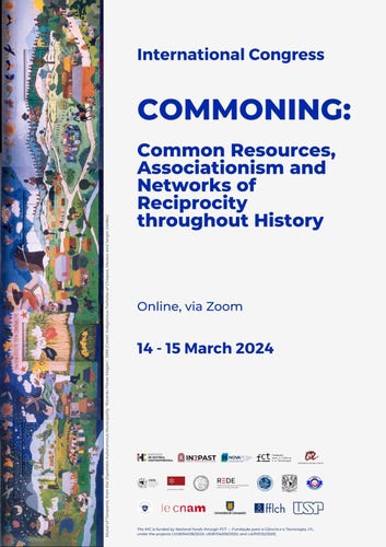 Poster for the international congress “Commoning: Common Resources, Associationism and Networks of Reciprocity throughout History”, that will take place via Zoom on 14 and 15 March 2024. The poster includes a picture of the Mural of Taniperla, which was painted in the Autonomous Zapatista Municipality of "Ricardo Flores Magón" by indigenous Tzeltales, inaugurated on 10 April 1998 and was destroyed by the Mexican Army on 11 April 1998. The mural is entitled "Vida y sueños de la Cañada Perla" and represented the idealised life of the community.