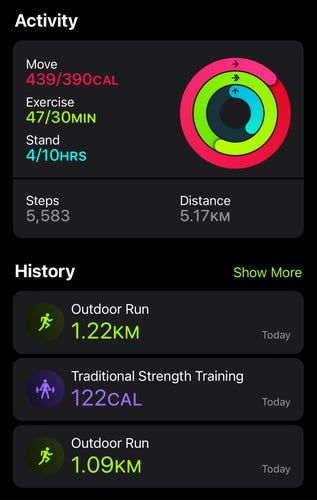 Apple Fitness screenshot showing today’s activity 