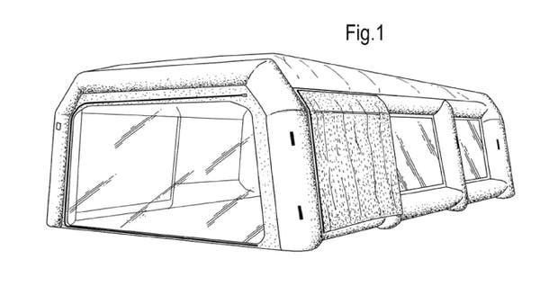 design patent drawing disclosing a long, low inflatable structure with a clear wall on one end and at least two clear windows