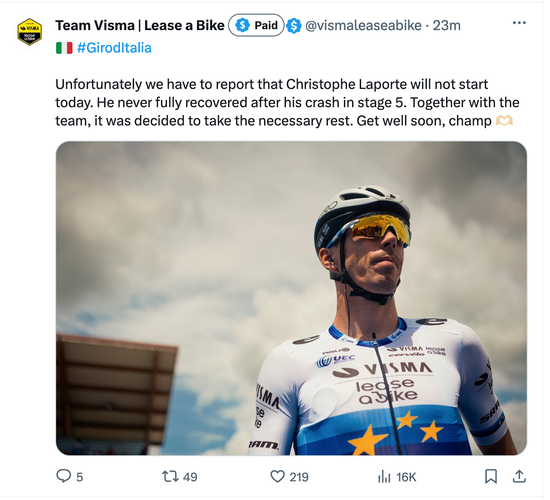 Team Visma | Lease a Bike on Twitter:
Unfortunately we have to report that Christophe Laporte will not start today. He never fully recovered after his crash in stage 5. Together with the team, it was decided to take the necessary rest. Get well soon, champ