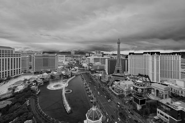 Las Vegas Strip, looking north, with storm clouds overhead.
