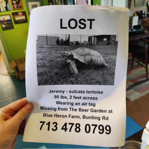 LOST

Jeremy - sulcata tortoise

90 lbs, 2 feet across Wearing an air tag Missing from The Beer Garden at Blue Heron Farm, Bunting Rd

(713) 478-0799