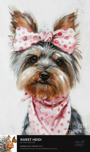 This is a painting of an adorably sweet Yorkshire Terrier named Heidi wearing a pink polka dot bow on her head and matching bandana.