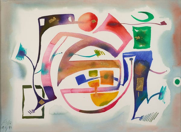 Abstract painting of a grouping of colorful shapes resembling written language, on a soft grey and white background