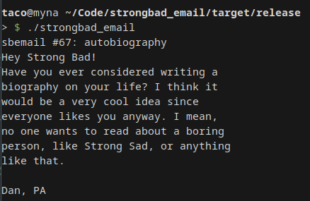 sample output from strongbad_email in the terminal showing off sbemail #67: autobiography