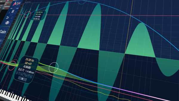 This image shows a digital equalizer interface, which is part of a music production software. The interface displays a graphical representation of an audio signal's frequency spectrum, overlaid with control points for adjusting the equalization. We can see different frequency bands represented by vertical bars in varying shades of green, indicating the intensity or volume of those frequencies in the audio signal. There are also lines with nodes on them that likely represent adjustable parameters for filtering or boosting certain frequencies. Additionally, there are numeric readouts showing frequency in hertz (Hz), gain in decibels (dB), and possibly the Q factor, which determines the sharpness of the filter. The interface appears to be quite advanced, offering a detailed visual feedback for audio engineering.