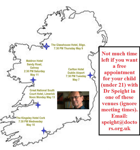 Map of Ireland showing Dr Speight is going to Cork, Dublin, Galway, Limerick and Sligo 